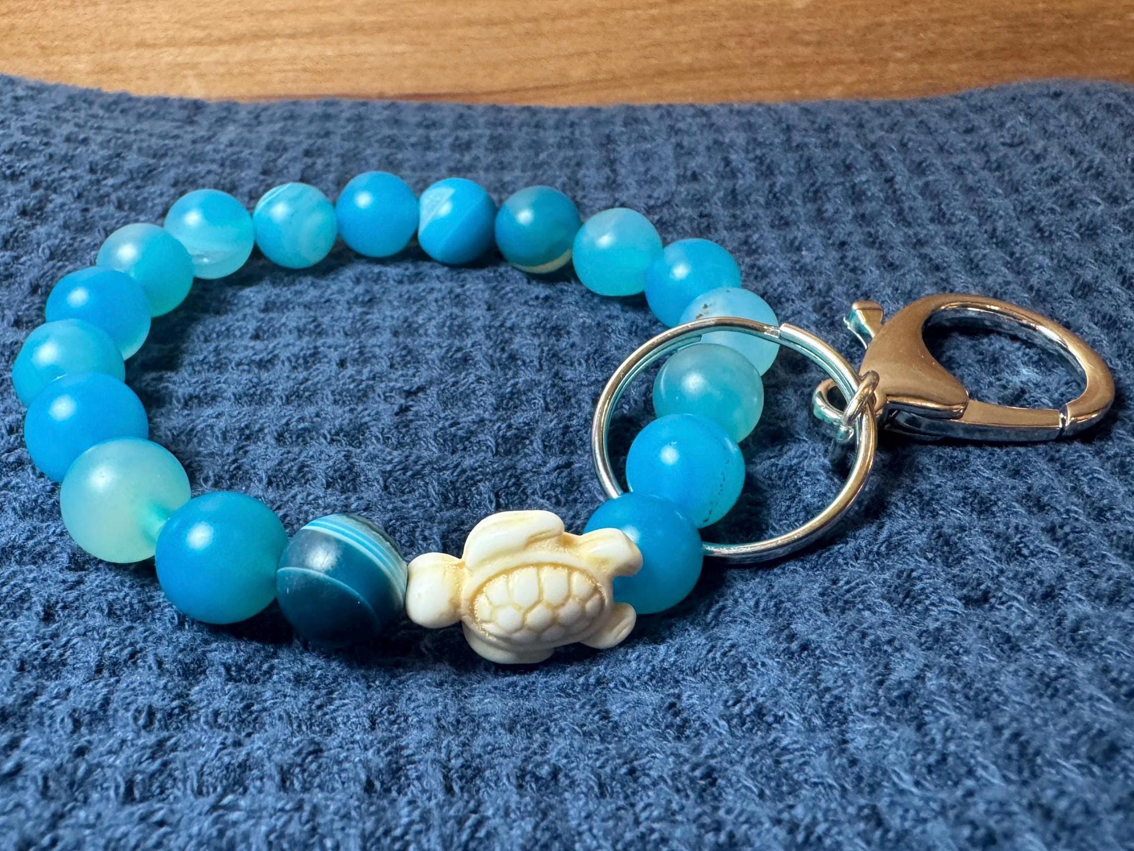 Blue Agate Sea Turtle Keychain Bracelet, Beaded Wristlet Card Holder, Cruise Lanyard