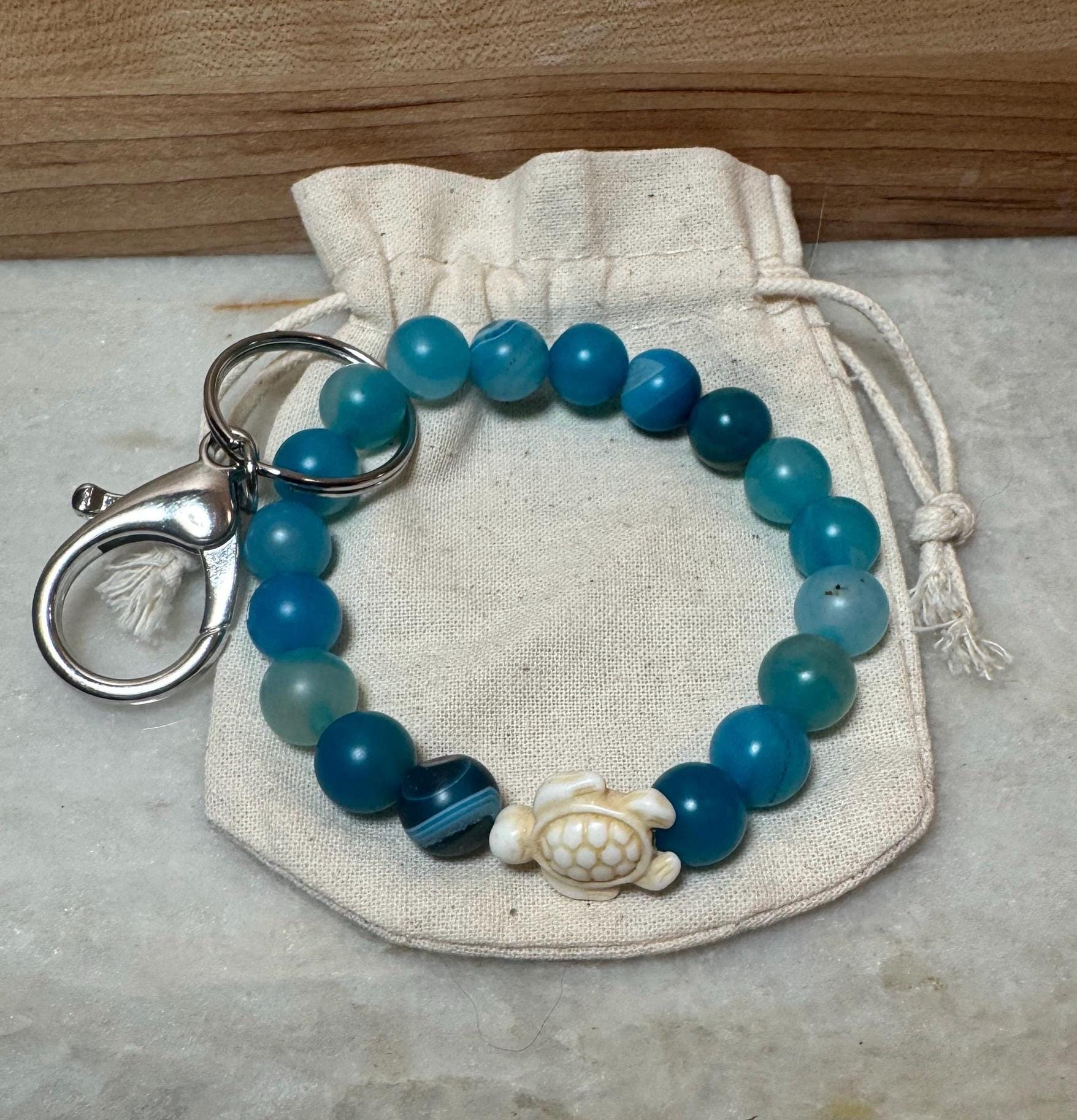 Blue Agate Sea Turtle Keychain Bracelet, Beaded Wristlet Card Holder, Cruise Lanyard