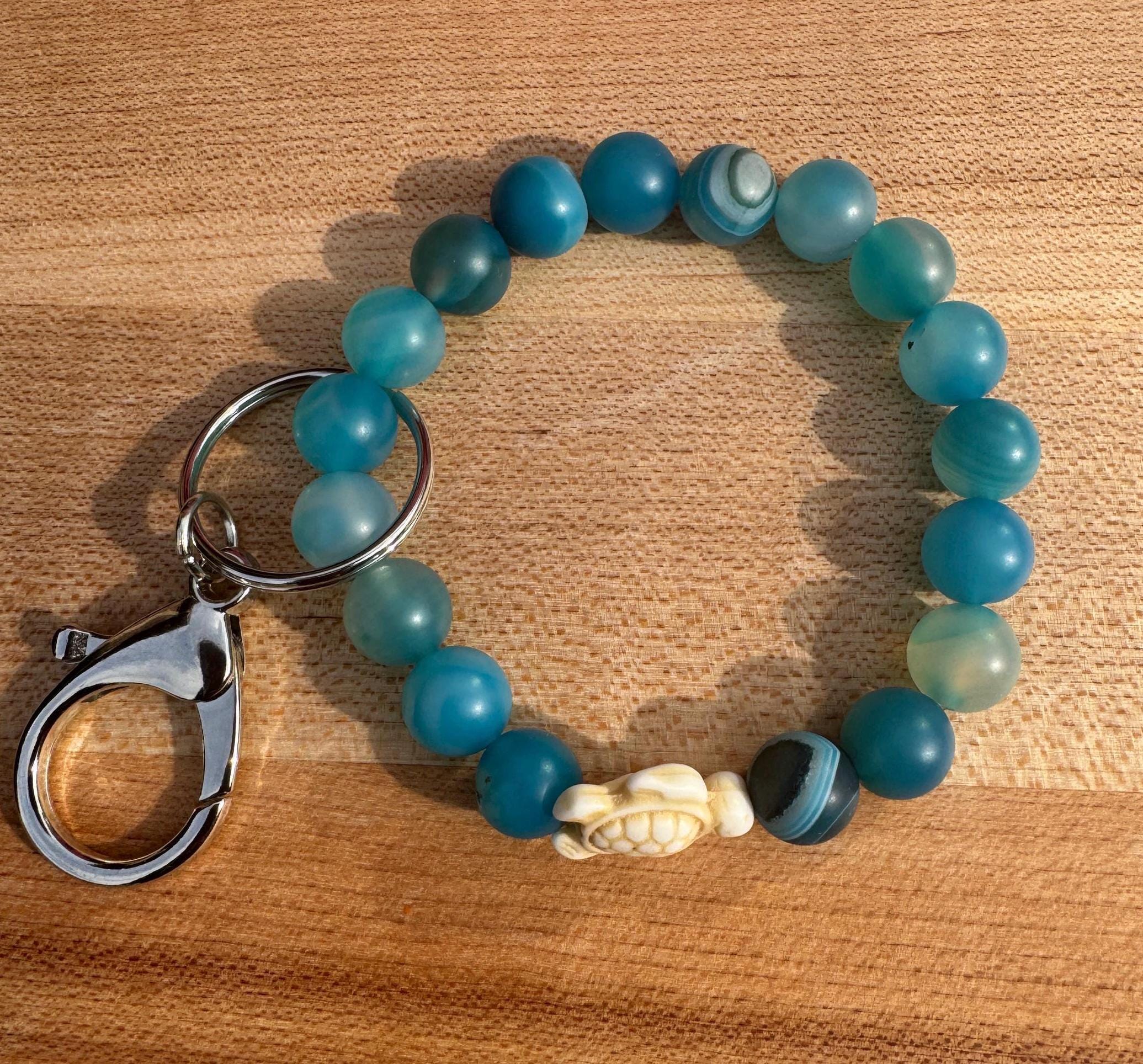 Blue Agate Sea Turtle Keychain Bracelet, Beaded Wristlet Card Holder, Cruise Lanyard