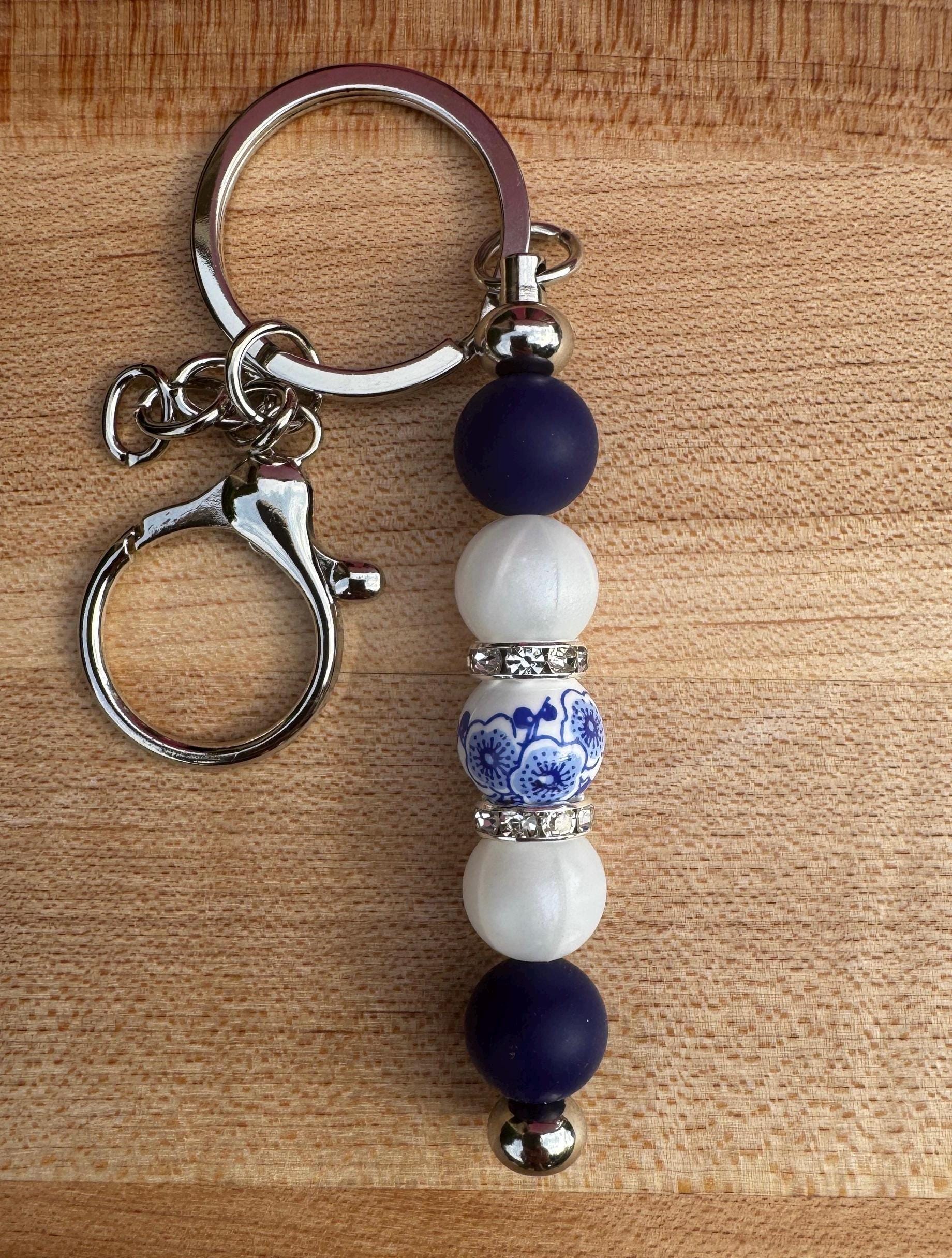Blue Floral Keychain, Gift Idea for Mom, Purse Accessory Charm, Delft Design Key Decoration, Beaded Keychain for Her