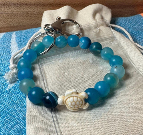 Blue Agate Sea Turtle Keychain Bracelet, Beaded Wristlet Card Holder, Cruise Lanyard