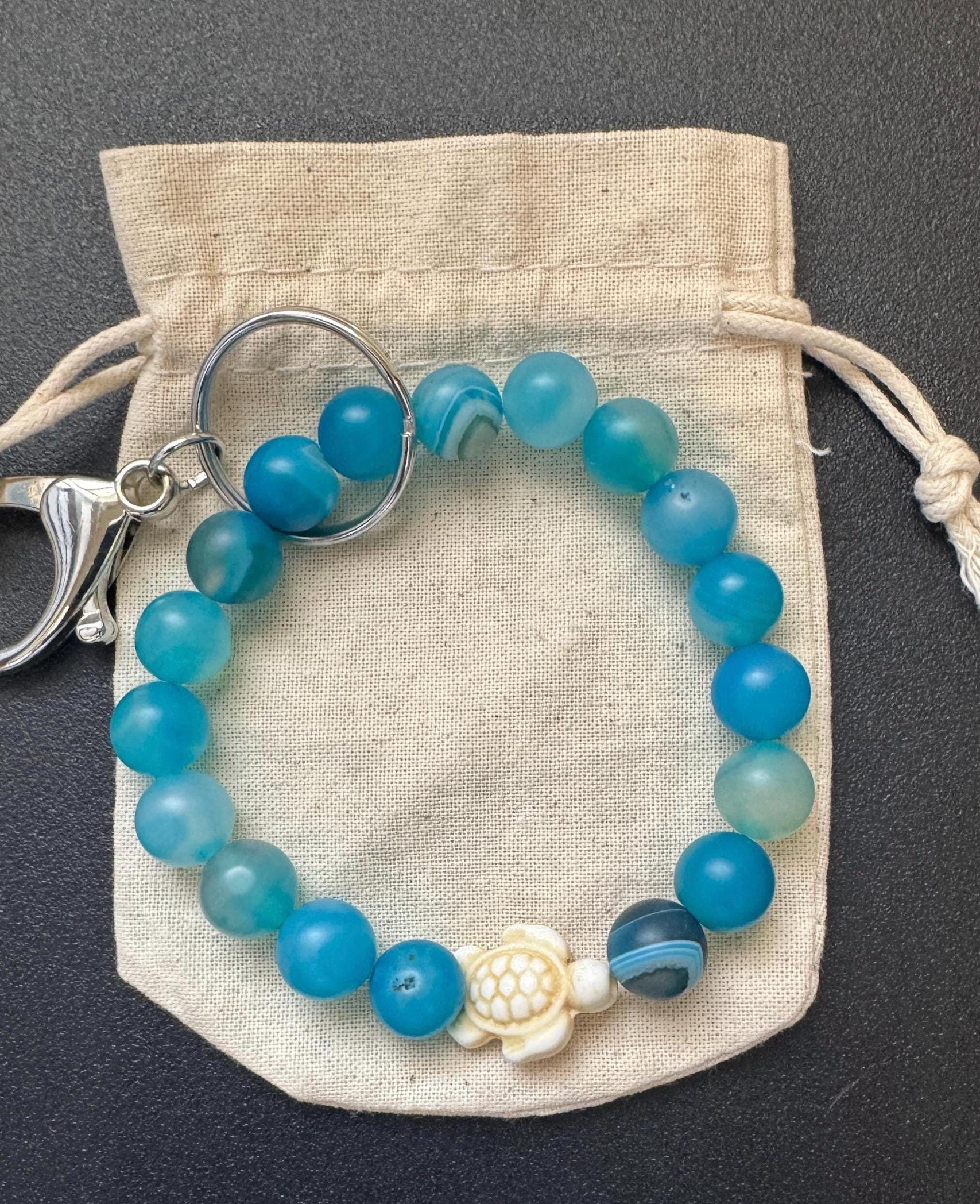 Blue Agate Sea Turtle Keychain Bracelet, Beaded Wristlet Card Holder, Cruise Lanyard