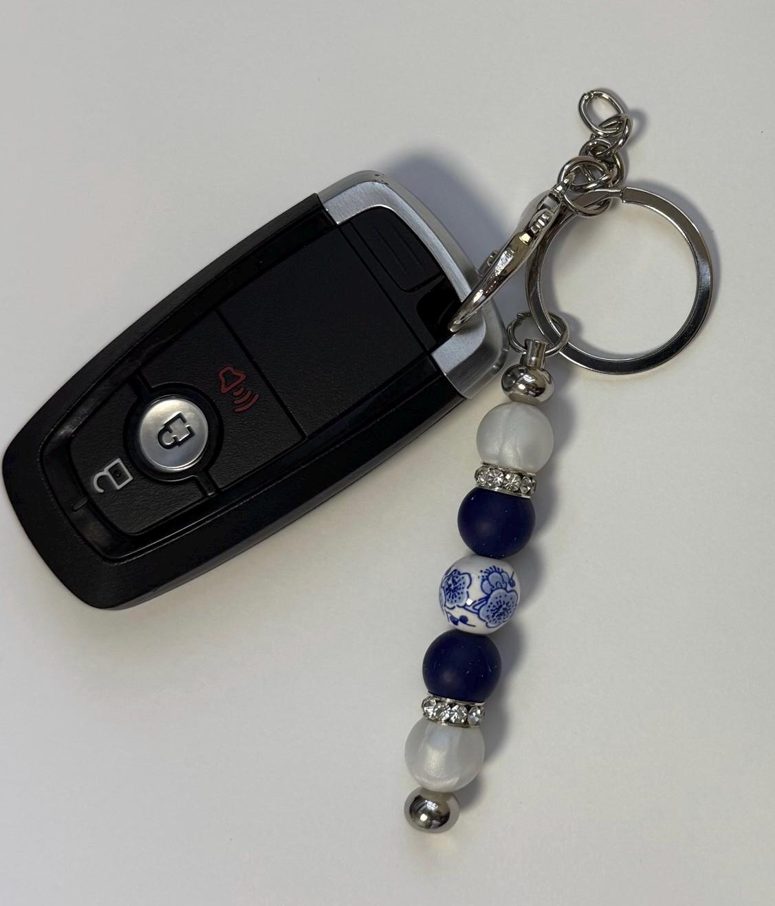 Blue Floral Keychain, Gift Idea for Mom, Purse Accessory Charm, Delft Design Key Decoration, Beaded Keychain for Her