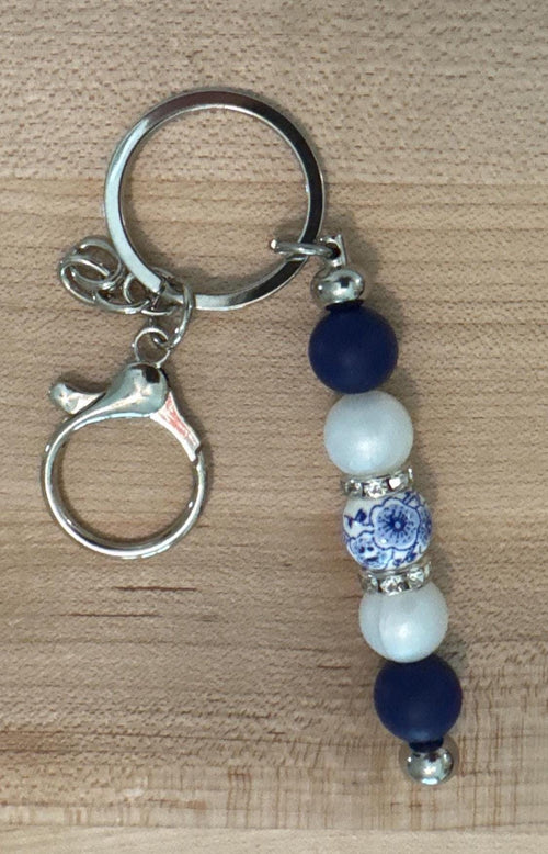 Blue Floral Keychain, Gift Idea for Mom, Purse Accessory Charm, Delft Design Key Decoration, Beaded Keychain for Her