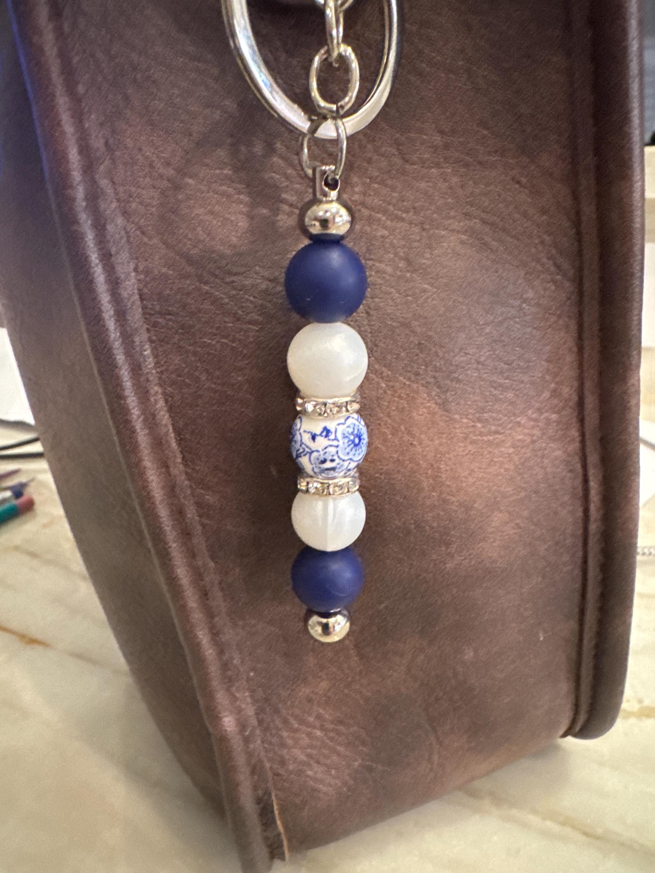 Blue Floral Keychain, Gift Idea for Mom, Purse Accessory Charm, Delft Design Key Decoration, Beaded Keychain for Her