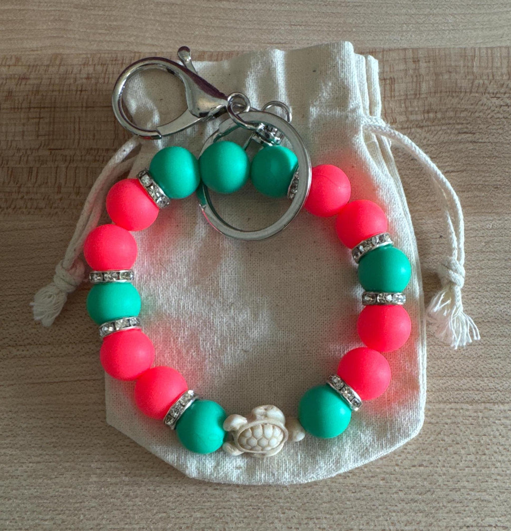 Sea Turtle Cruise Wristlet, Bracelet Keychain, Green Coral Cruise Lanyard Alternative, Cruise Ship Card Holder, Beach Vacation Accessory