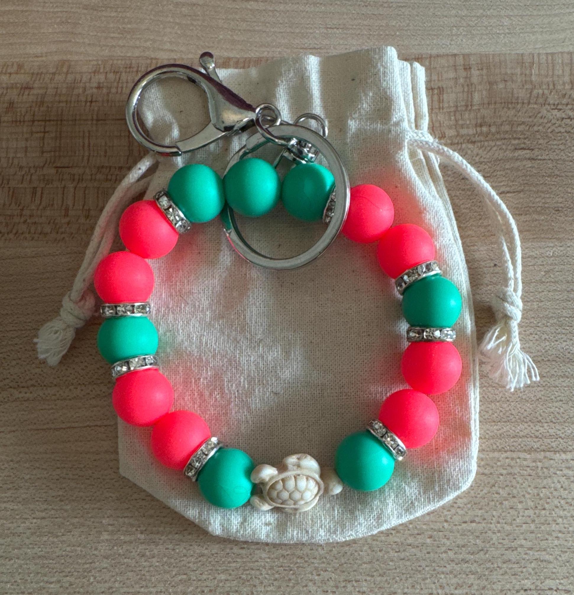 Sea Turtle Cruise Wristlet, Bracelet Keychain, Green Coral Cruise Lanyard Alternative, Cruise Ship Card Holder, Beach Vacation Accessory