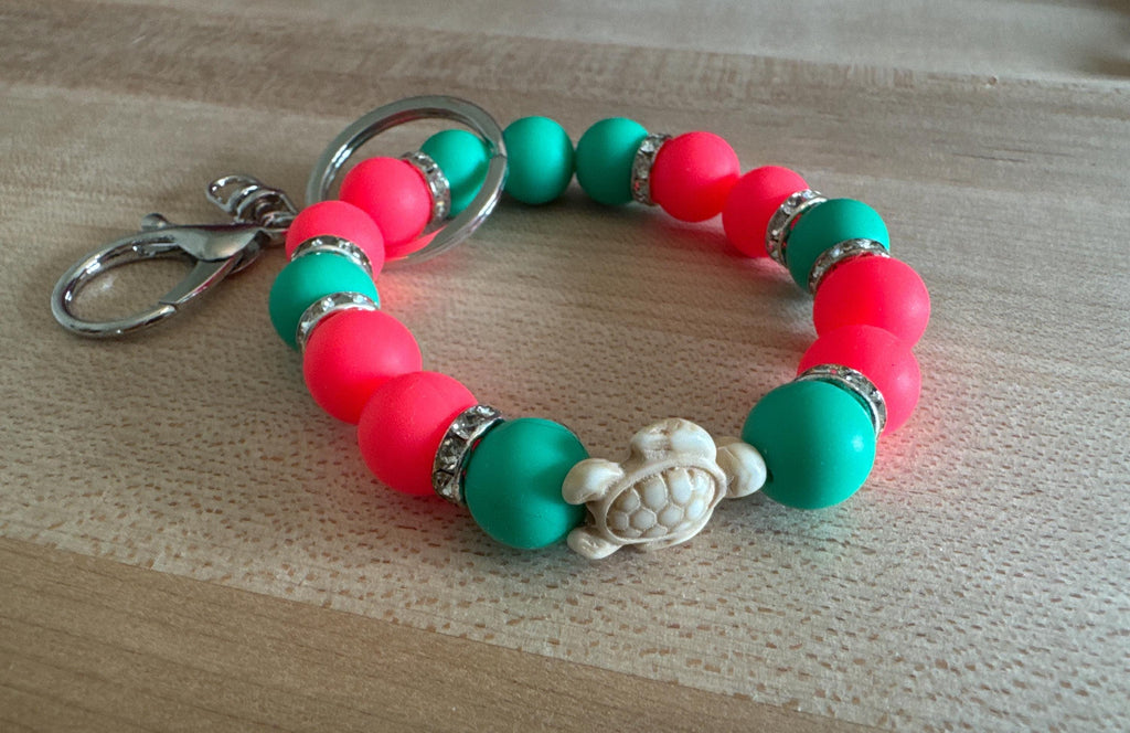 Sea Turtle Cruise Wristlet, Bracelet Keychain, Green Coral Cruise Lanyard Alternative, Cruise Ship Card Holder, Beach Vacation Accessory